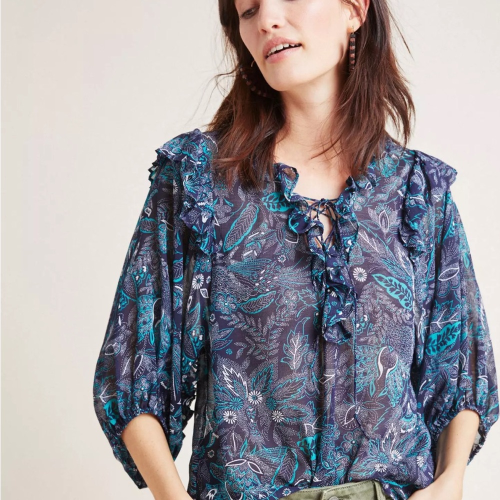 Anthropologie Haida Peasant Top Blouse Size Large Sheer Floral Lace Up Tie Boho